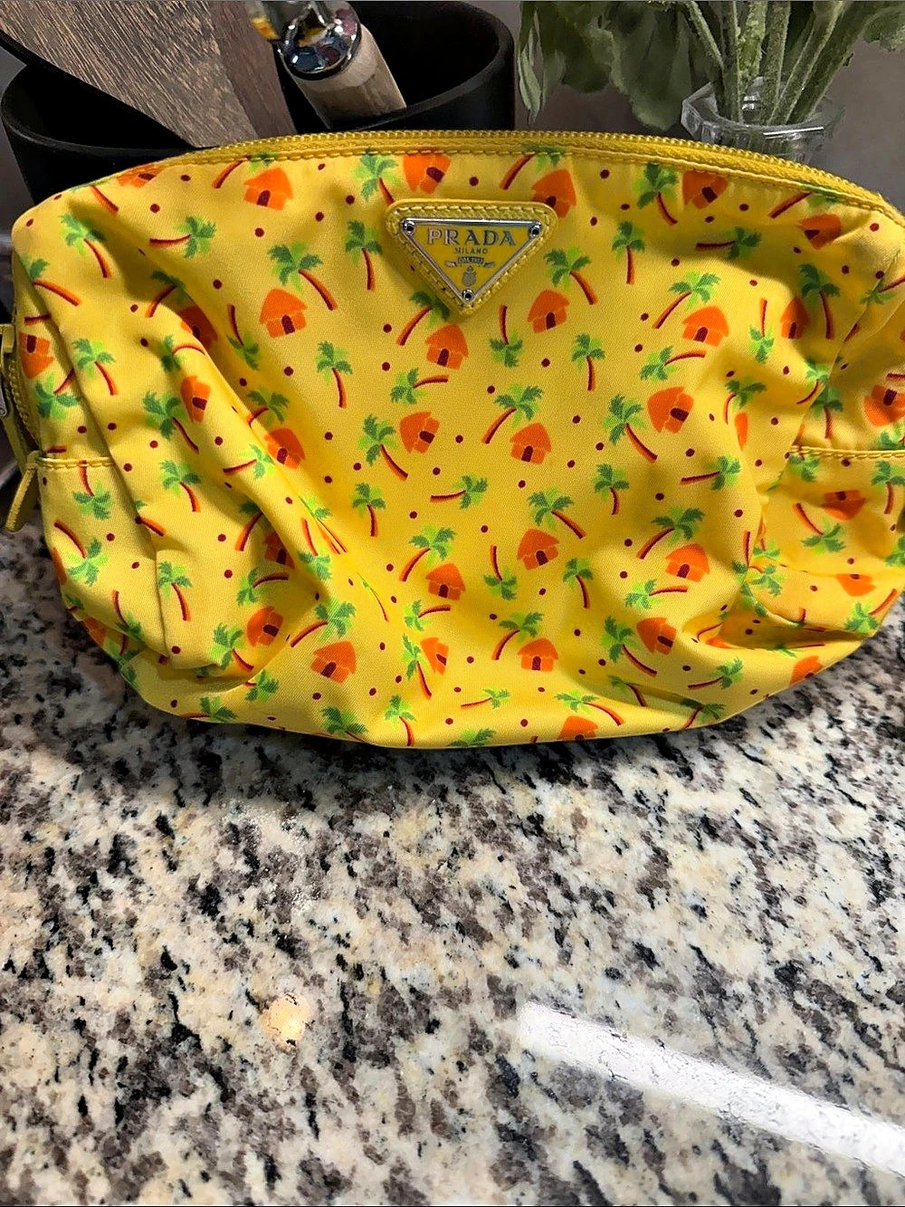 Prada Yellow Palm Tree and Tiki Hut Print Nylon Cosmetic Pouch & Tiki Hut Print